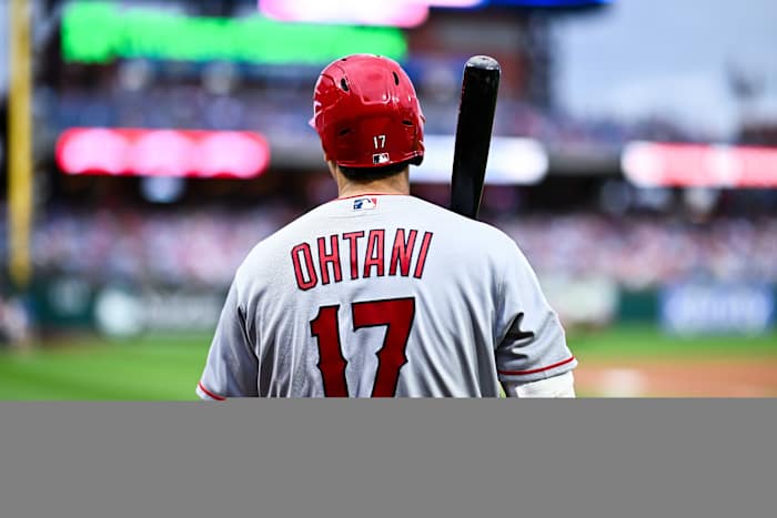 Angels superstar Shohei Ohtani surveys the field before taking an at-bat against the Philadelphia Phillies (2023).